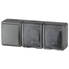 Блок две розетки+выключатель IP54, 16A(10AX)-250В, ОУ, Эра Эксперт, серый